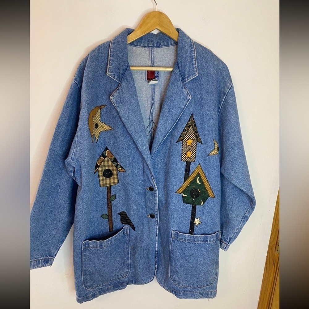 Vintage Americana Artsy Birdhouse Patchwork Denim Blazer